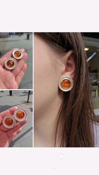 Round amber ear clips made of 925 sterling silver