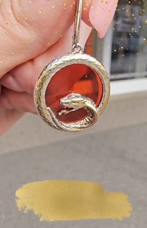 Snake motif earrings in amber and gold-plated sterling silver