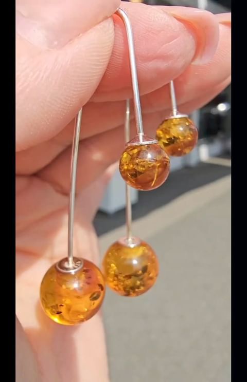 Ball earrings with genuine amber and 925 silver