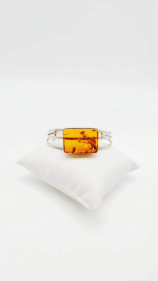 Radiant amber in a modern silver frame