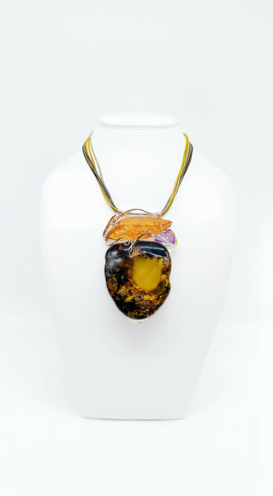 Unique pendant made of amber, amethyst & citrine – gold-plated silver