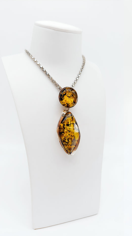 Two-piece amber pendant made of 925 silver for women