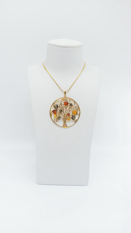 Radiant Tree of Life: Gold-plated pendant with amber