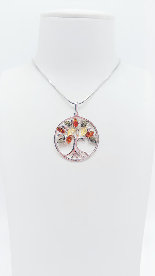 Tree of Life Pendant: Silver and colorful amber in harmony