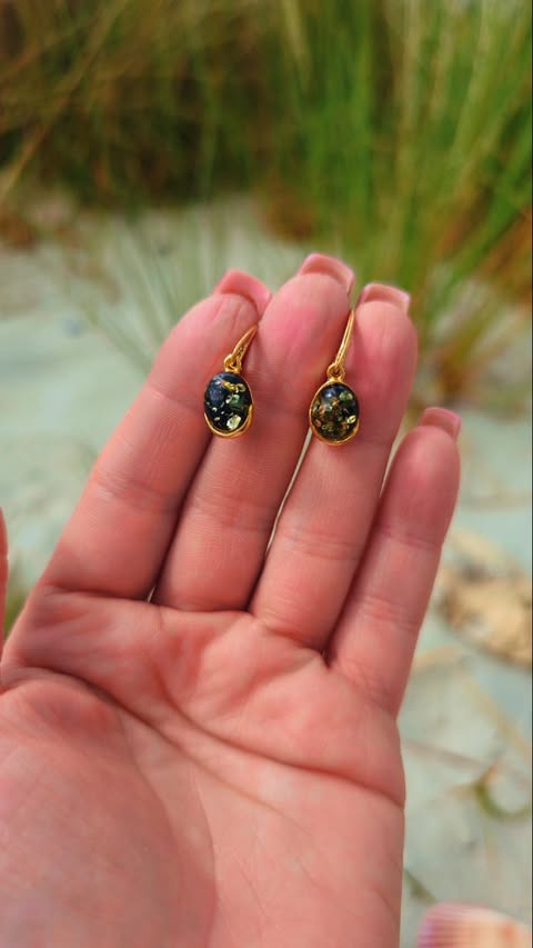 Gold-plated earrings with green amber