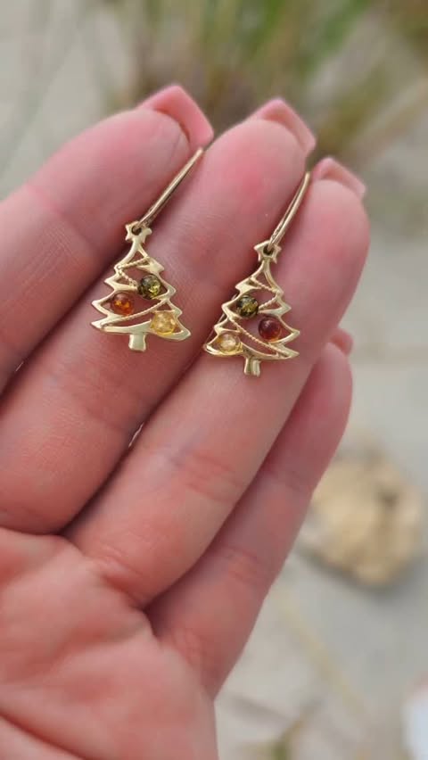 Festive Christmas tree amber earrings