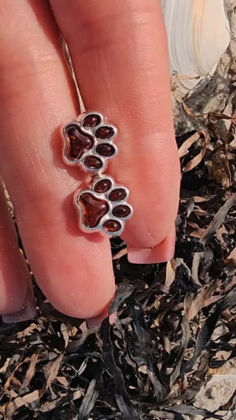 Cute paw earrings with amber in 925 silver