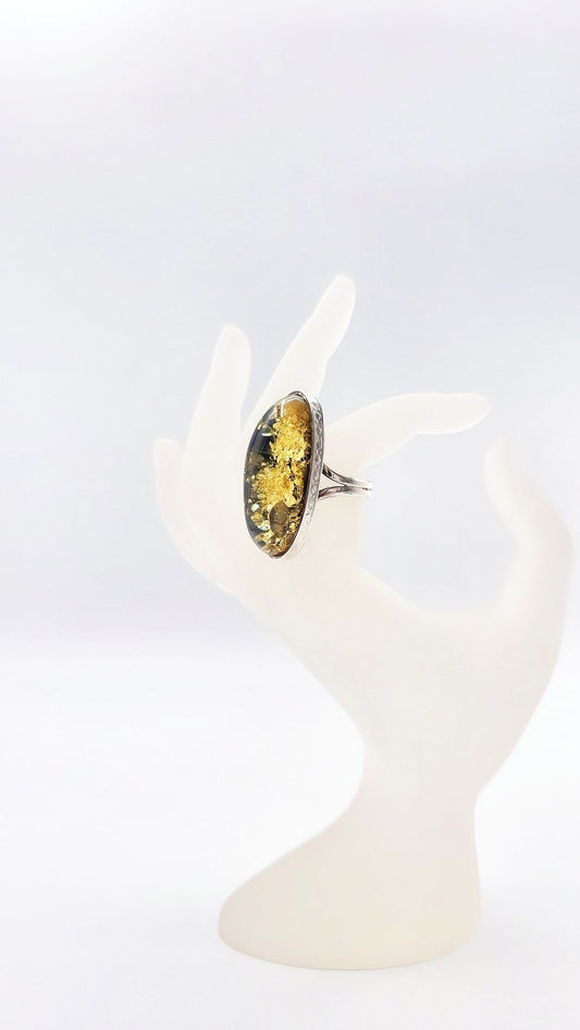 Green amber ring – a unique piece in 925 sterling silver