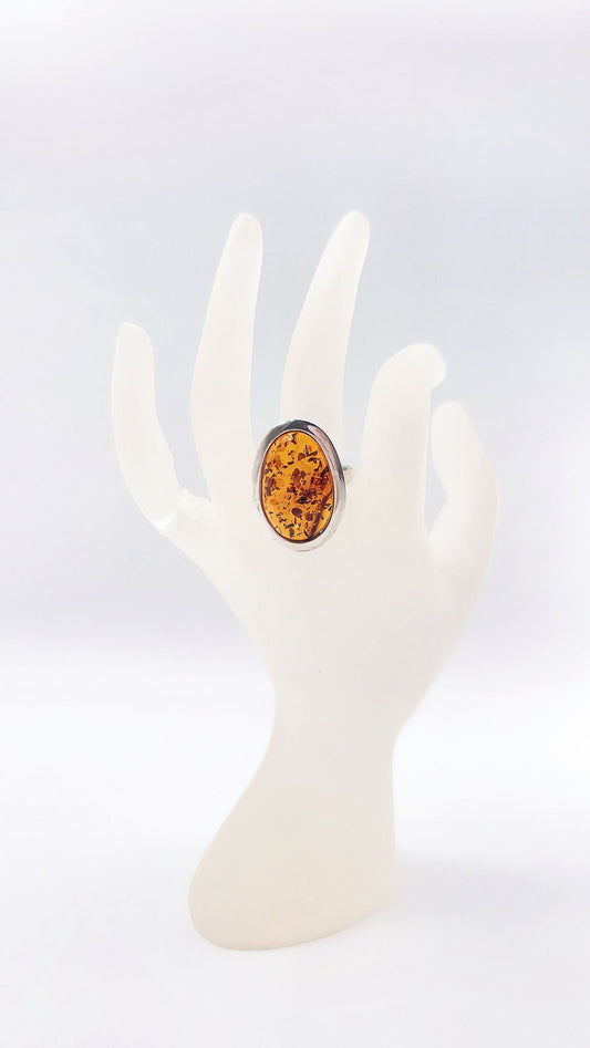 Open amber ring made of 925 silver – unique