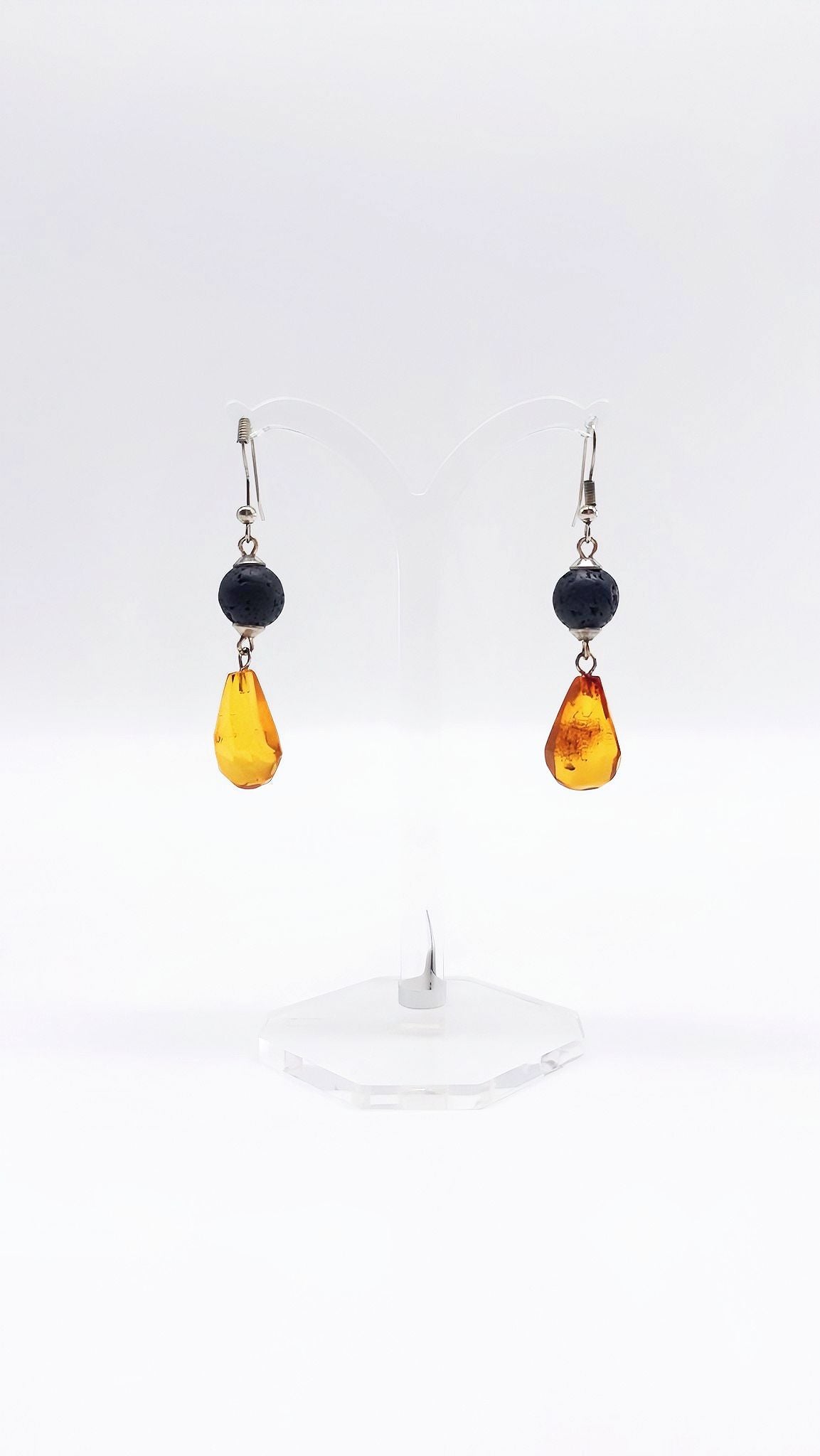 Elegant earrings made of amber and lava stone – sterling silver