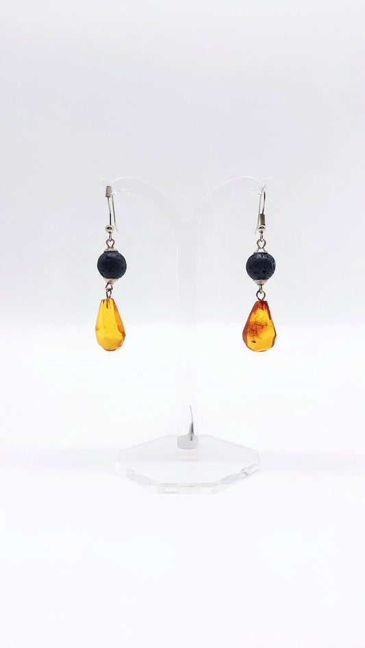 Elegant earrings made of amber and lava stone – sterling silver