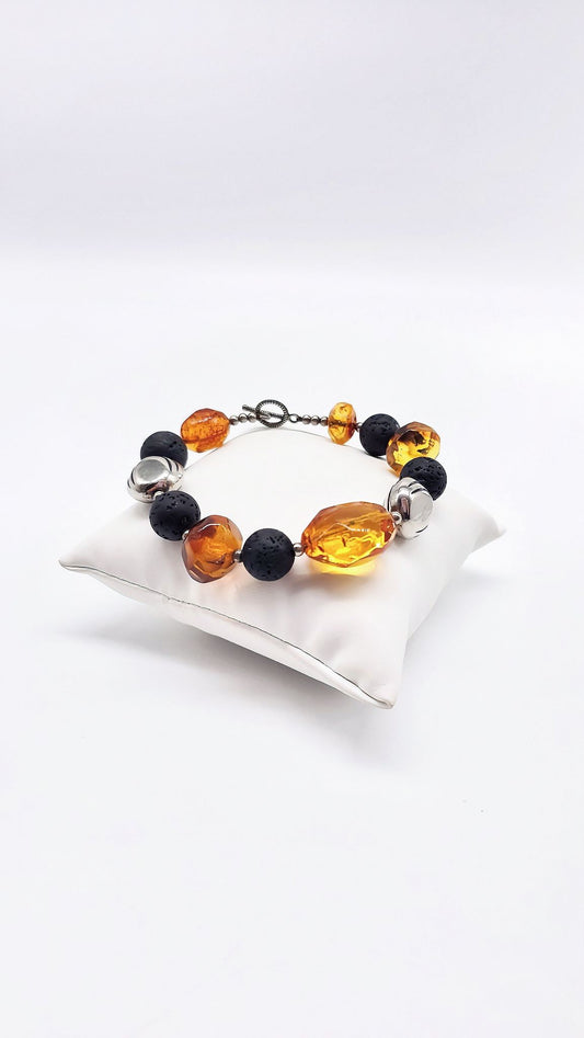 Exclusive amber bracelet with lava stone & silver
