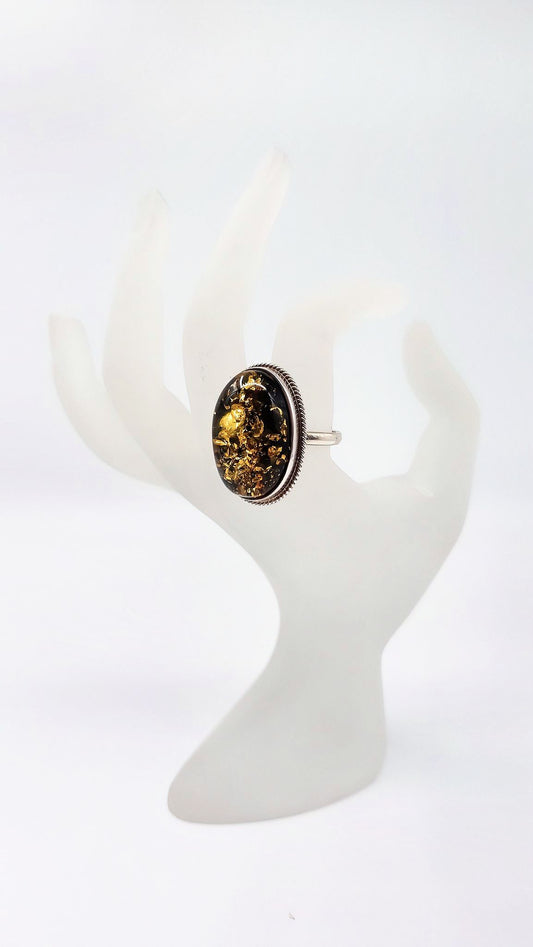 Green amber ring made of 925 silver – Adjustable & Unique