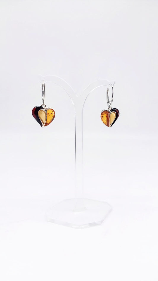 Heart-shaped amber earrings – 925 silver & natural stone