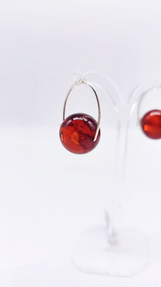 Ball earrings red amber & silver setting