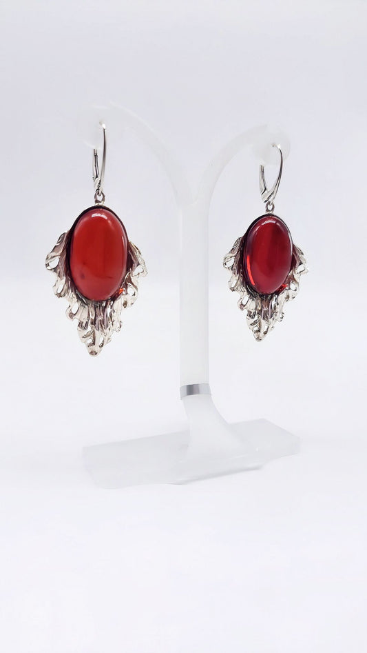 Silver earrings with deep red amber – perfect gift