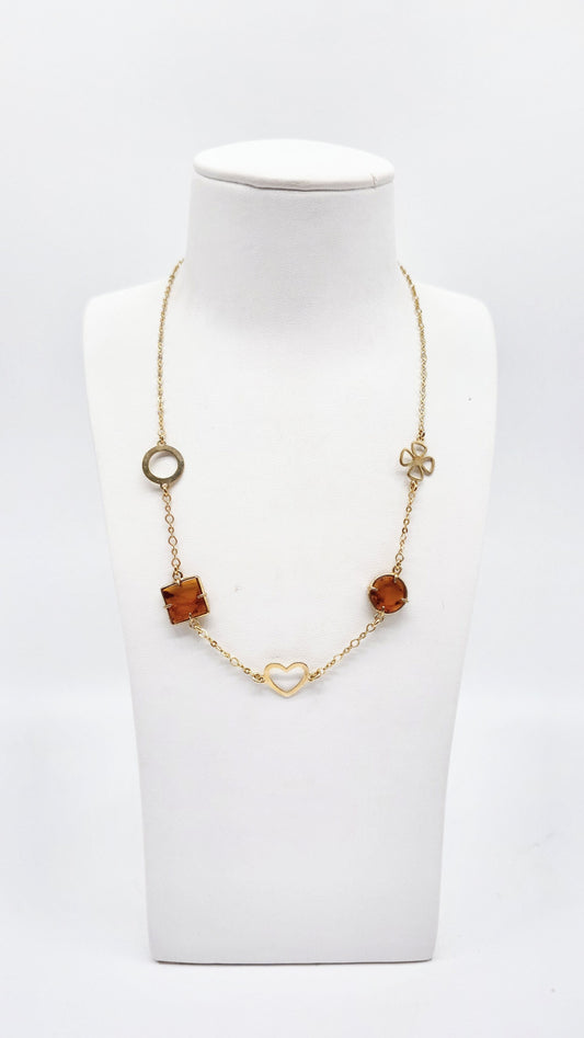 Fine gold-plated necklace with heart, clover leaf & amber
