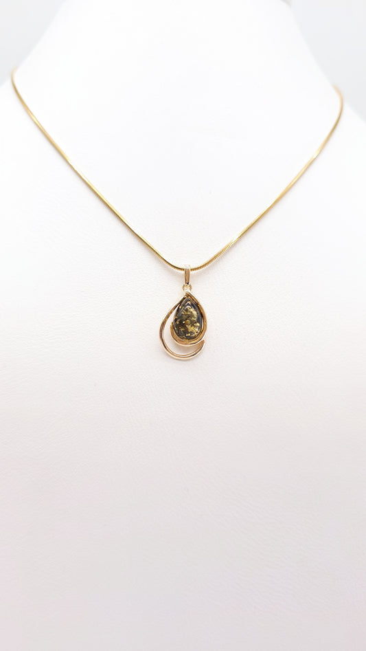 Green amber gold-plated pendant 925