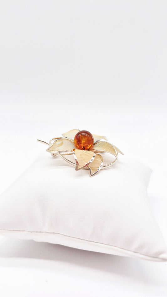 Flower brooch for women – amber on 24K gold-plated silver