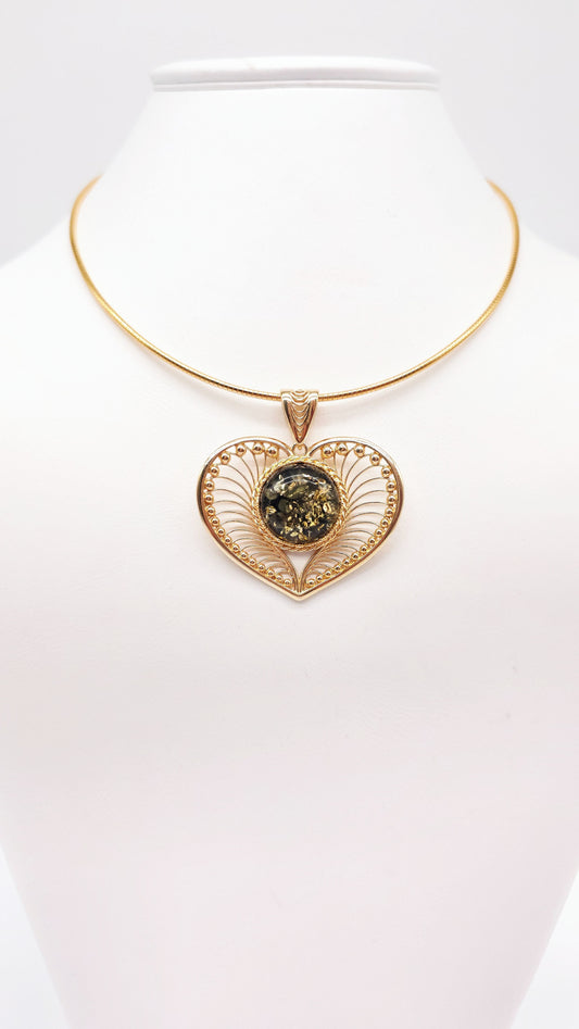 Heart pendant with natural amber for women