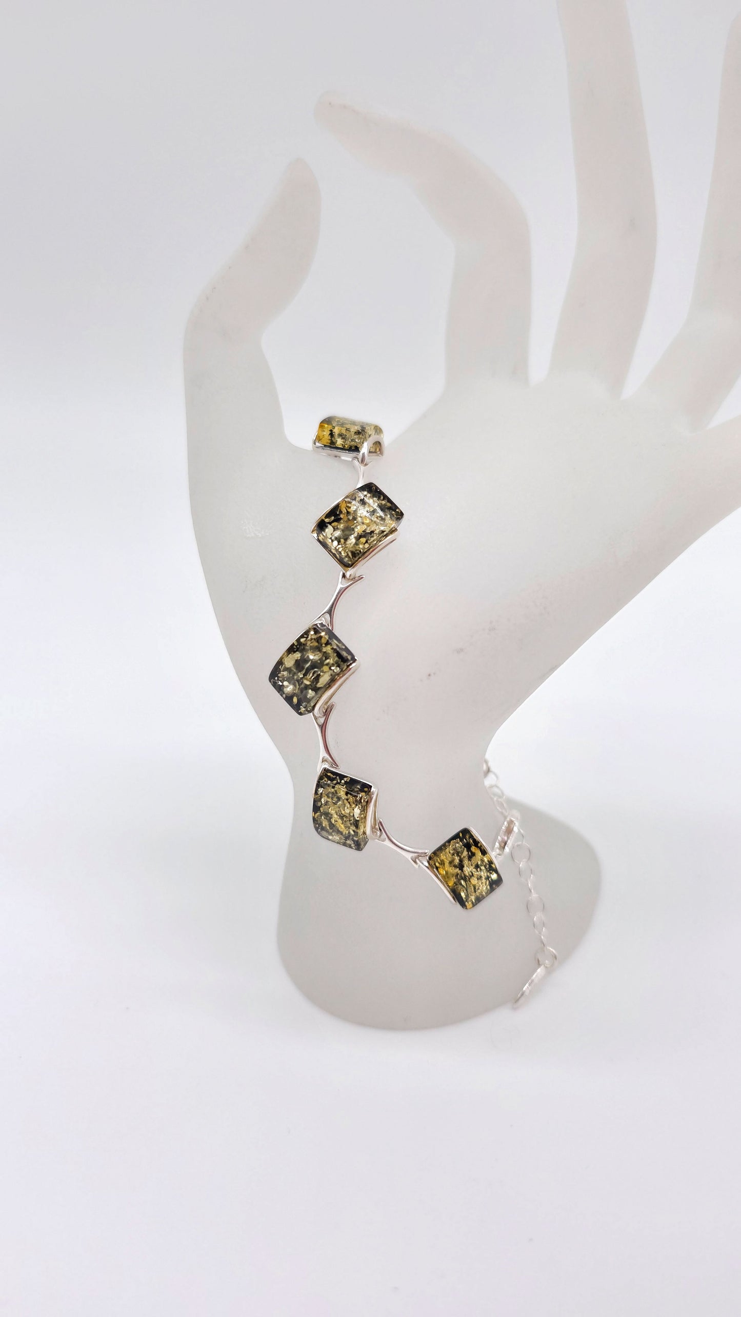Modern bracelet with green amber 925 silver