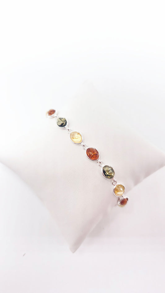 Colorful amber bracelet real silver 17 cm