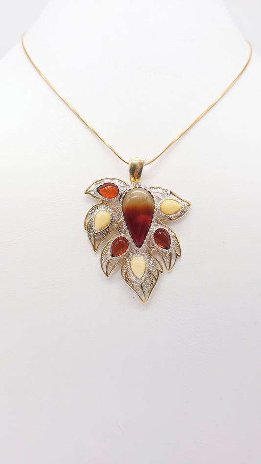 Unique jewelry leaf with genuine amber & silver