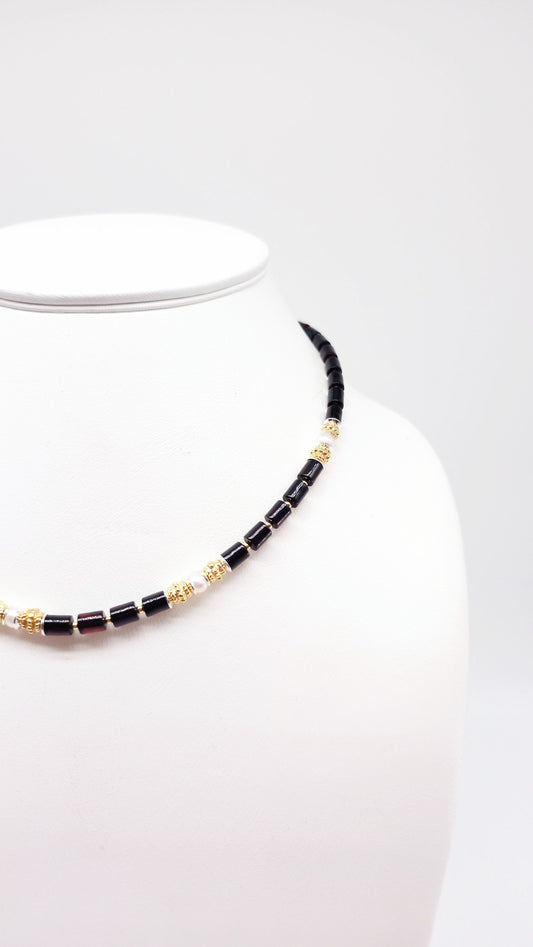 Deep red amber necklace with freshwater pearls