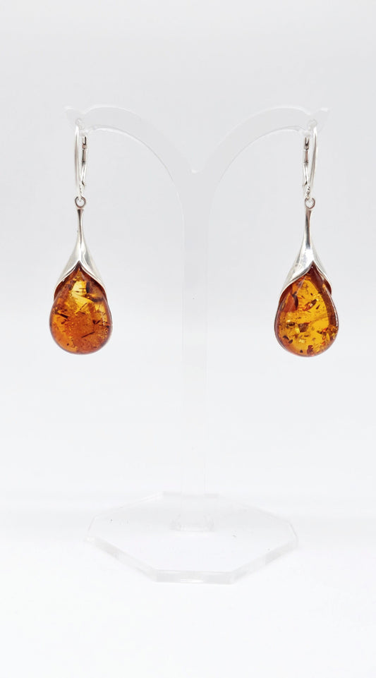 Women's earrings drop amber with silver elements