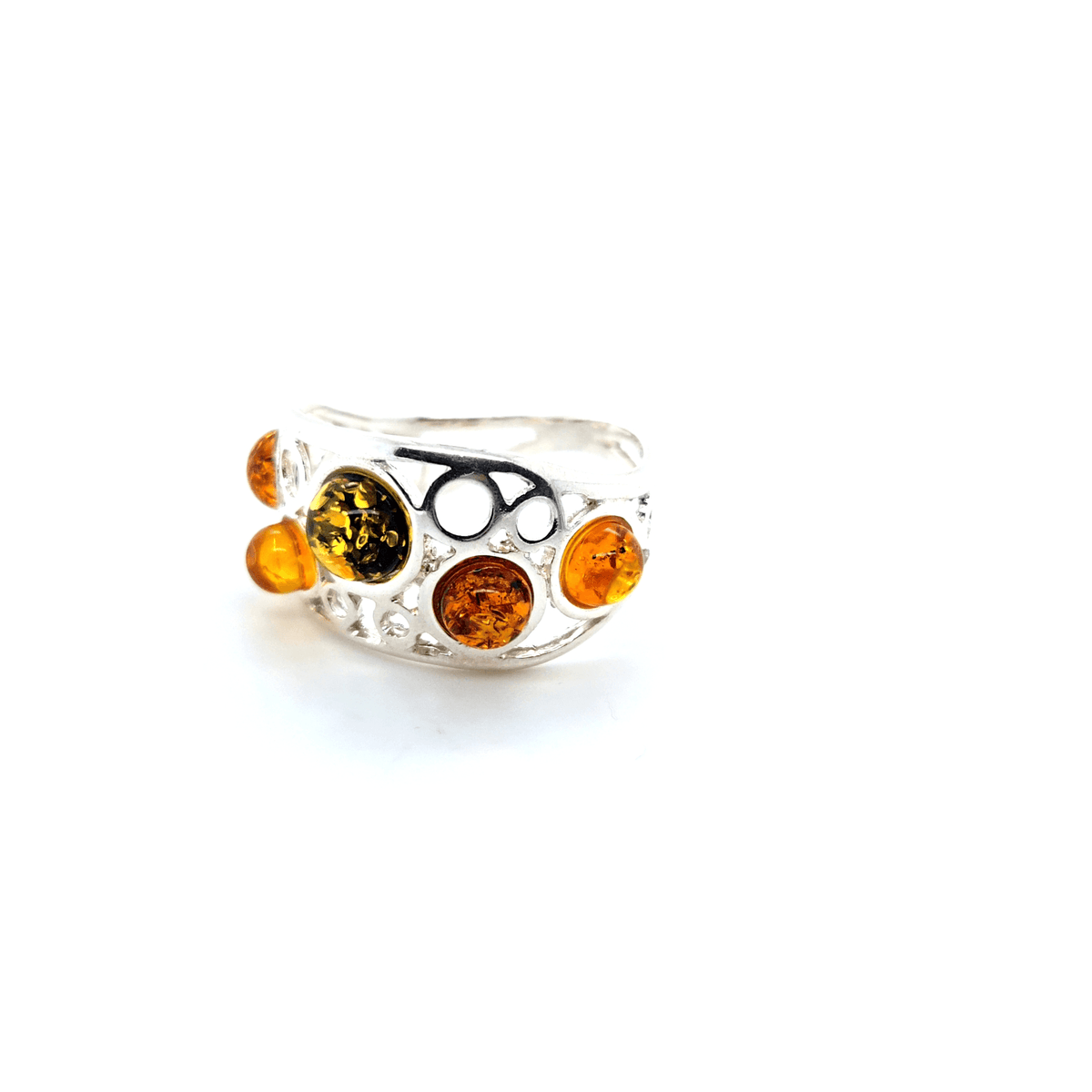Artistieke zilveren ring met gekleurde barnsteen