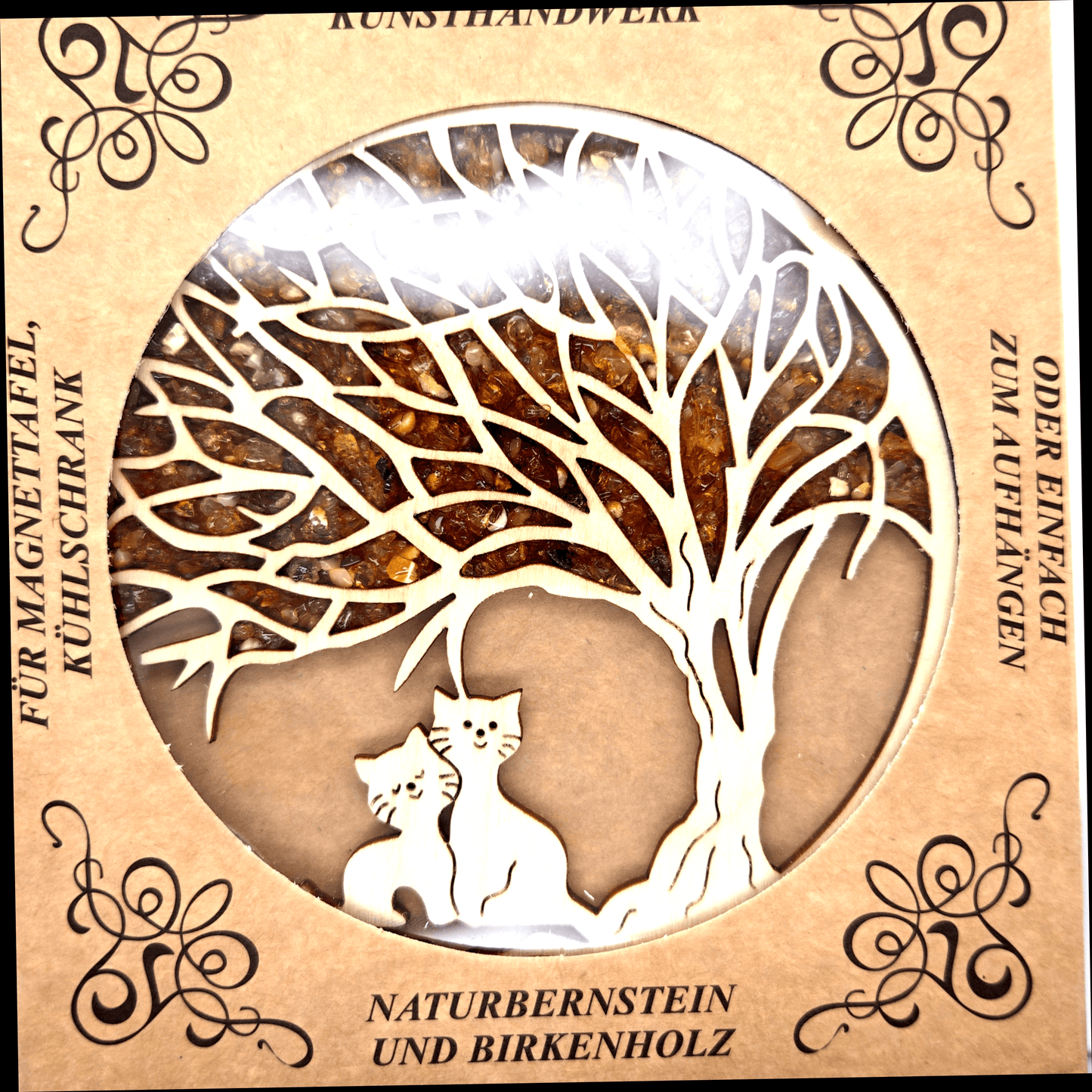 Kattenmandala van barnsteen en hout