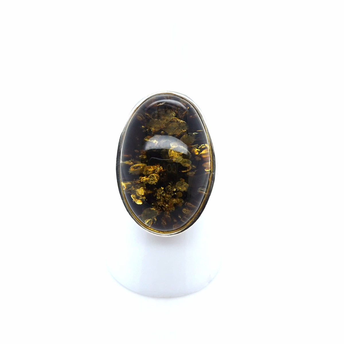 Waldgrüner Bernsteinring mit Sonnenflitter, 925er Silber – oval, verstellbar