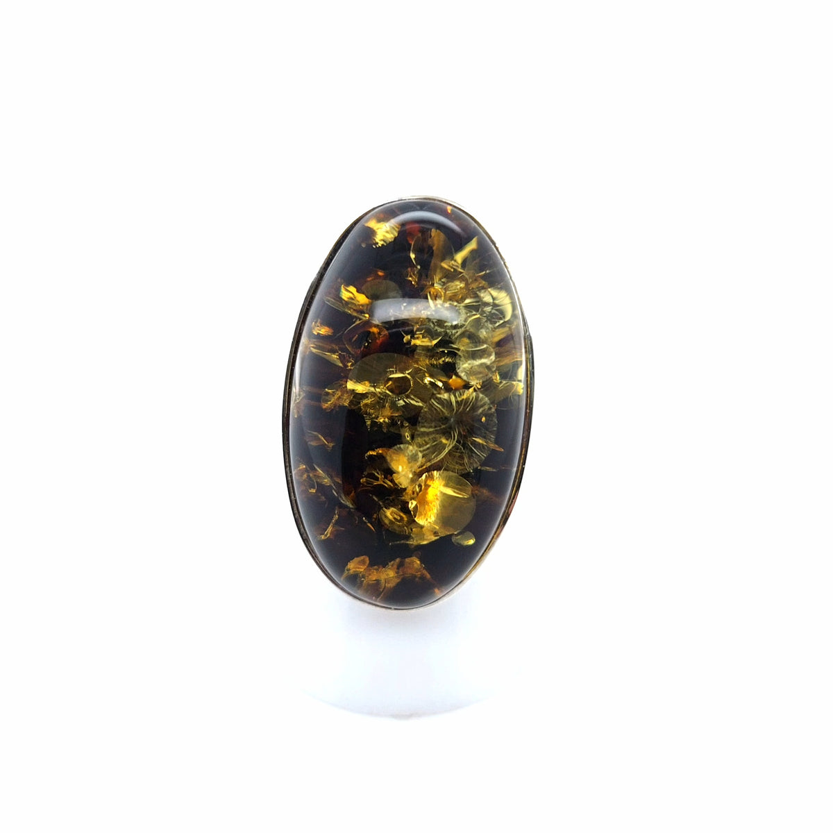Eleganter Silberring mit grünem Glitzer-Bernstein – oval, offen & verstellbar