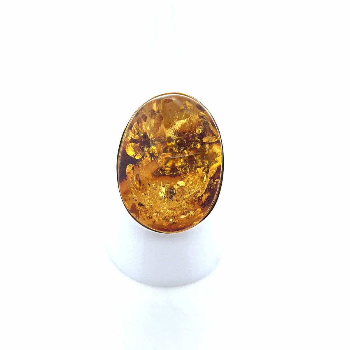 Goldgelber Bernsteinring mit Sonnenflitter, oval – 925er Silber, verstellbar