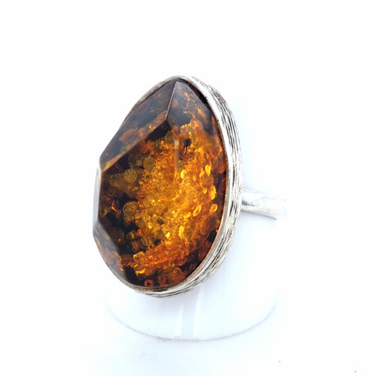 Tropfen-Bernsteinring verstellbar – 925 Silber Orange Unikat