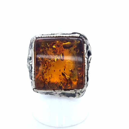 Antiker Bernsteinring im Vintage-Stil – 925 Silber Verstellbar Orange