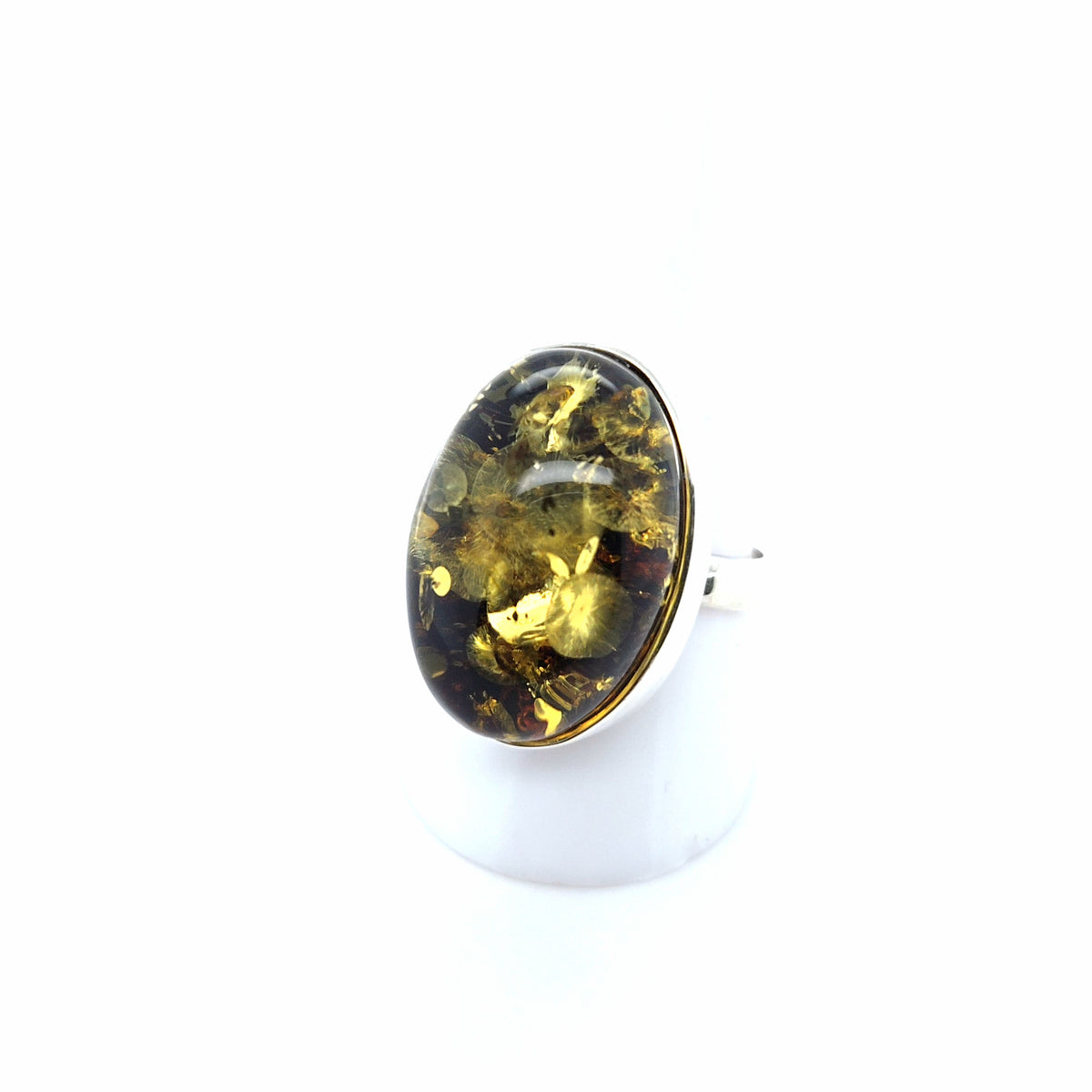 Grüner Bernsteinring mit Glitzer-Einschlüssen, 925er Silber – oval, verstellbar
