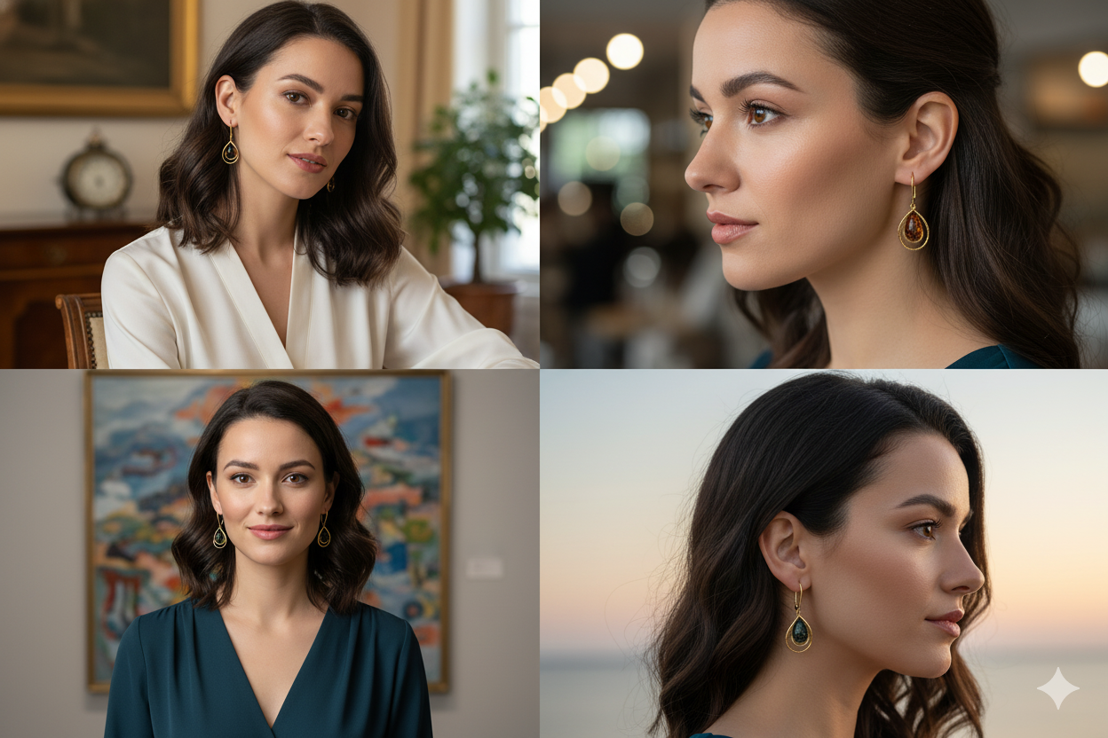 Unique jewelry earrings – amber drop setting gold-plated