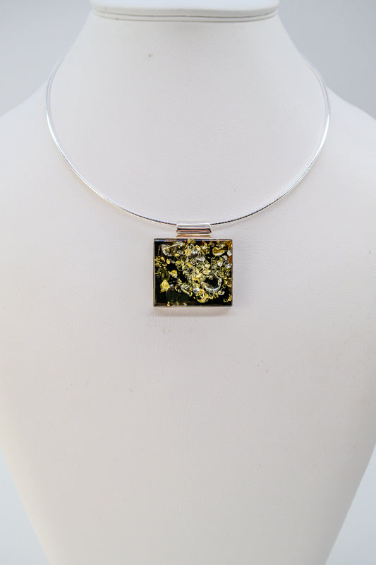 Square amber pendant silver including chain 45 cm