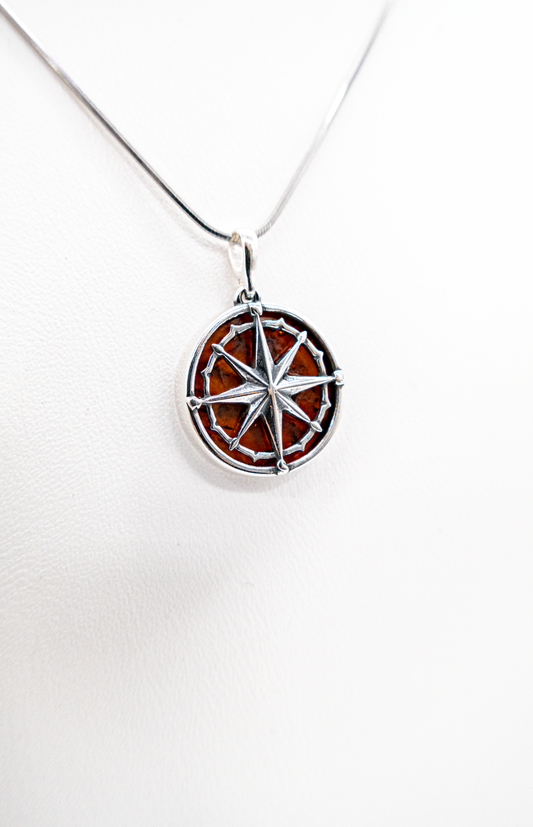 Compass with genuine amber – elegant unisex pendant