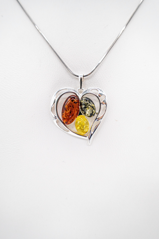 Heart pendant made of 925 silver with colorful amber