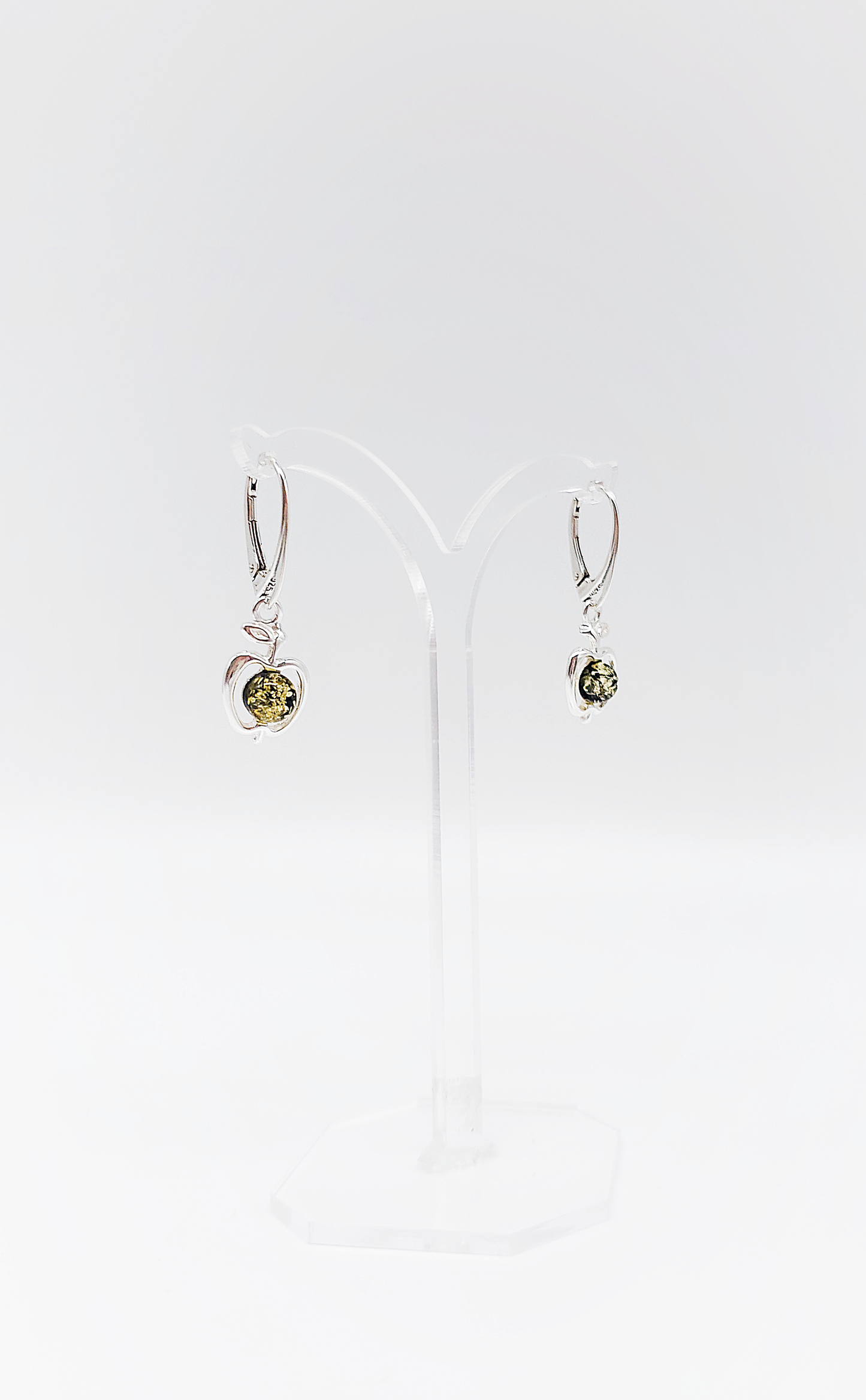 Apple-shaped silver and amber earrings