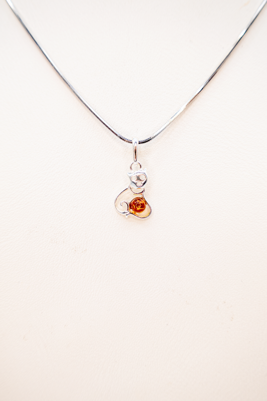 Silver jewelry cat – handmade pendant with amber