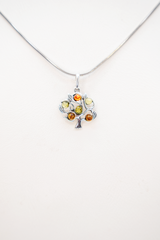 Tree of life pendant with colorful amber made of silver