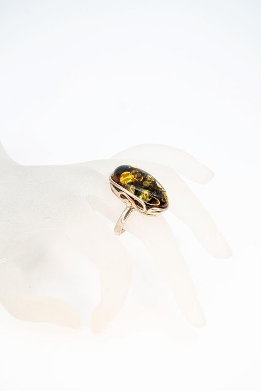 Adjustable silver ring with genuine amber – unique