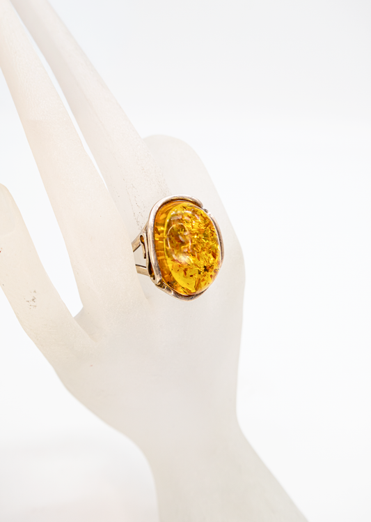 Silver ring amber – 925 silver, unique, adjustable size