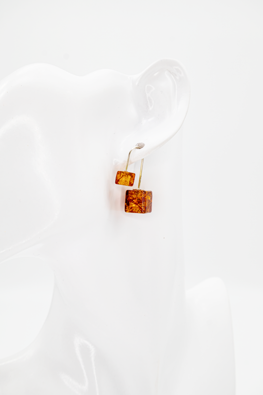 Modern amber earrings – silver 925 with cube shape
