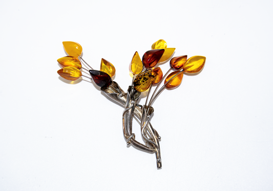 Amber brooch flower shape – handmade unique piece