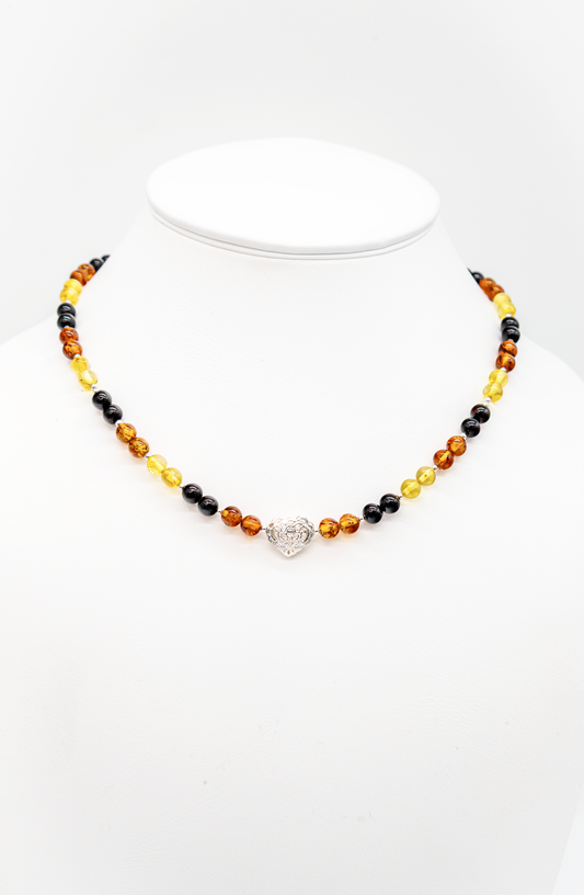 Bernstein Collier mit Herz – 925 Silber & bunte Kugeln