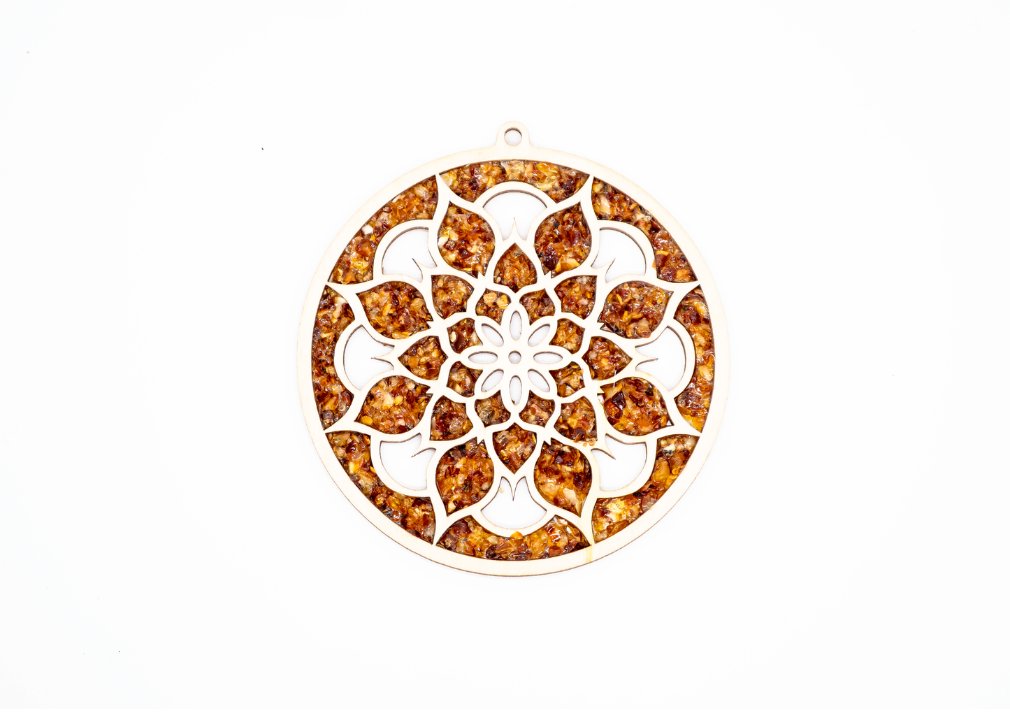 Spiritual decoration – mandala made of wood and amber